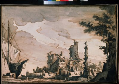 ""Utsikt över en hamn"" Teaterinredning. Akvarell av Pietro di Gottardo Gonzaga (1751-1831) 1818. Akvarell och tusch på papper. Moskva, Pushkin-museet av Pietro Gonzaga