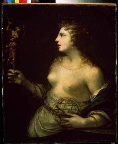 ""Urania"" (Urania) representation av den skyddande musen för astronomi och astrologi, som håller en hand på en sfär. Målning av Pietro Liberi (1614-1687) Mikhail Kroshitsky Art Museum från 1600-talet, Sevastopol (Sevastopol) Ukraina av Pietro Liberi