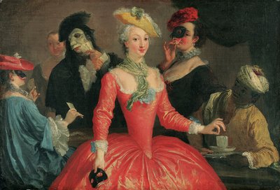 Elegant sällskap i maskeraddräkt som tar kaffe och spelar kort av Pietro Longhi