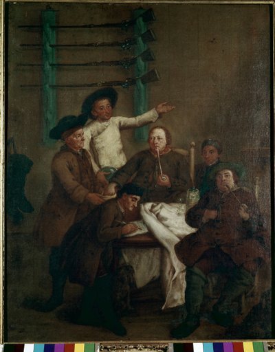 Jakt i dalen: namnteckningen - Målning av Pietro Longhi (1702-1785), olja på duk, 61x46 cm av Pietro Longhi