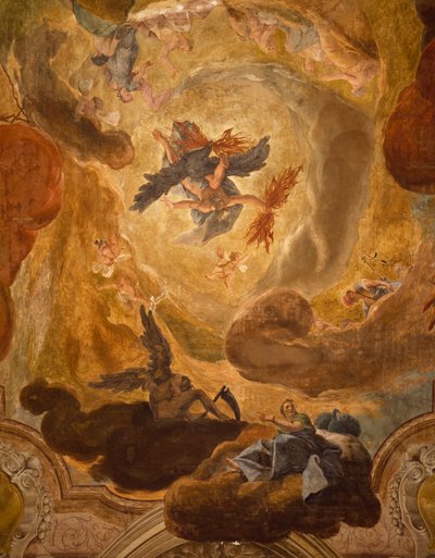 Italien, Venedig, Grand Staircase i Palazzo Sagredo, jättarnas fall, fresk av Pietro Longhi av Pietro Longhi