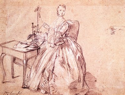 Lady spinning tråd, av Pietro Longhi (1701-1785), teckning av Pietro Longhi