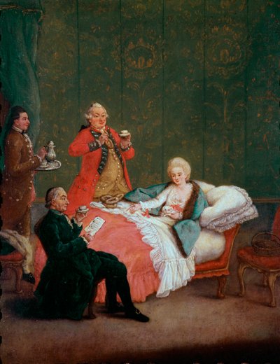 Morgonchoklad ung kvinna av adeln ligger i sin säng som serveras av tre män. Målning av Pietro Longhi (1702-1785) 1775-1780. Dämpa. 60x47 cm Ca 