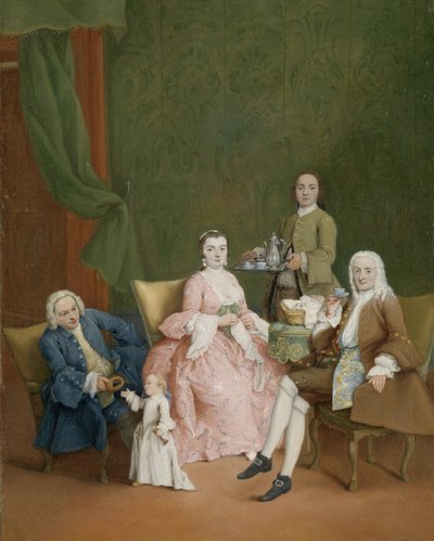 Porträtt av en venetiansk familj med en tjänare som serverar kaffe Porträtt av en venetiansk familj med en tjänare som serverar kaffe av Pietro Longhi