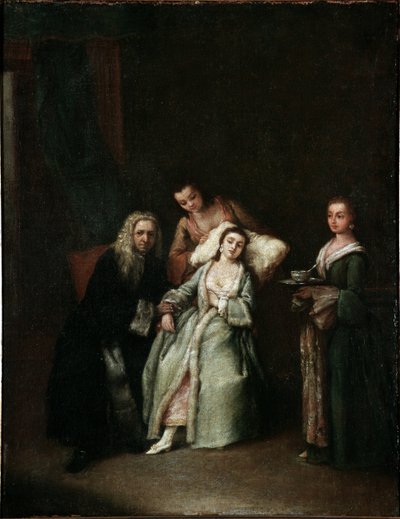 Den sjuka kvinnan Besök av läkaren som tar pulsen på de sjuka Målning av Pietro Longhi (1702-1785) 1741 Dim 52x41 cm Venedig, Ca Rezzonico, n 134 av Pietro Longhi