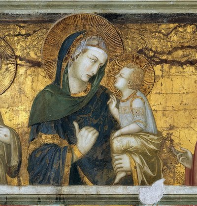 Jungfrun och barnet mellan Franciskus av Assisi och evangelisten Johannes. Detalj. 1315-1319 av Pietro Lorenzetti
