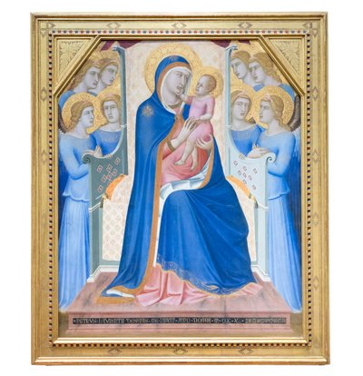Madonna och barn tronade med åtta änglar av Pietro Lorenzetti