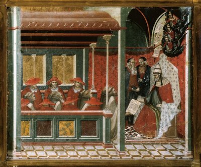 Påven Honorius III godkänner karmeliternas regel, detalj (tempera och guld på trä) av Pietro Lorenzetti