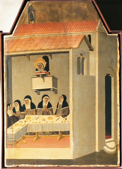Den välsignade ödmjukheten lyckas mirakulöst läsa i matsalen i Santa Perpetua, kakel från altartavlan av den välsignade ödmjukheten av Pietro Lorenzetti (ca 1280-1348), tempera och guld på trä av Pietro Lorenzetti