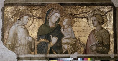 Jungfrun och barnet mellan Saint John och Saint Francois Fresco av Pietro Lorenzetti (1280-1348) i Assisi (Assisi), Nedre basilikan, Orsini-kapellet. av Pietro Lorenzetti
