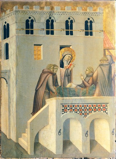 Den välsignade helar foten av en munk från Vallombrosa Abbey, kakel från den välsignade ödmjukhetens altartavla, av Pietro Lorenzetti (ca 1280-1348), tempera och guld på träpanel. av Pietro Lorenzetti