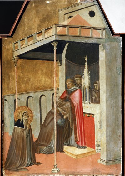 Ugolotti tog den monastiska vanan (detalj av den heliga ödmjukhetens polyptykliv) - Detrempe på trä av Pietro Lorenzetti
