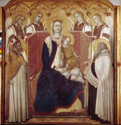 Jungfru och barn mellan St. Nicholas och St. Elia. Centralpanel, Altartavla av Karmel (Tempera på trä av Pietro Lorenzetti