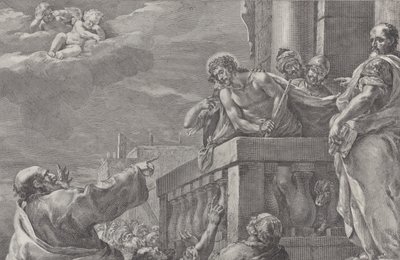 Kristus på en balkong omgiven av vakter, Pilatus står till höger och gestikulerar towa..., ca. 1730-39. av Pietro Monaco