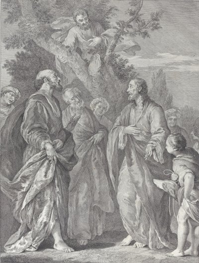 Sackeus omvändelse, med Kristus till höger tilltalande till skatteindrivaren, som sitter..., 1730-39. av Pietro Monaco