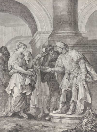 Daniel argumenterar med de äldste medan Susanna står till vänster, 1732-50. av Pietro Monaco