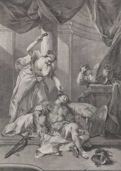 Jael slår en tältpinne i den sovande Siseras tempel, till höger a se..., ca. 1730-39. av Pietro Monaco