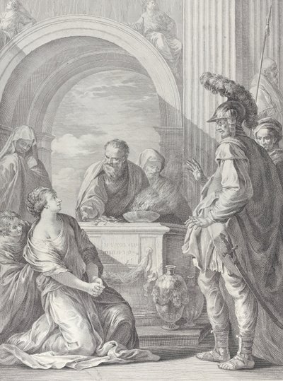 Jeftas dotter på knä vid offeraltaret, med sin far stående vid högra..., 1730-50. av Pietro Monaco