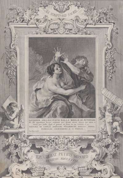Josef och Potifars hustru, inom en utsmyckad ram, 1739. av Pietro Monaco