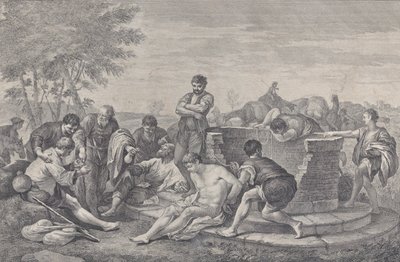 Josef såldes till slaveri av sina bröder, som sitter runt en brunn som delar upp c..., 1730-39. av Pietro Monaco