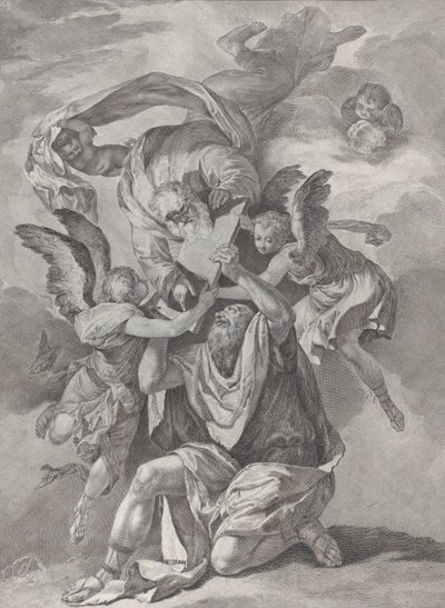 Moses tar emot lagens tavlor från Gud som stiger ner från himlen, från..., ca. 1730-39. av Pietro Monaco
