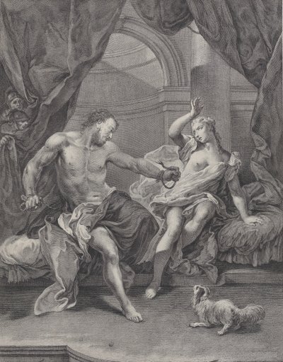 Simson och Delila satt på en säng, Simson river isär repen som binder hans hand..., ca. 1730-39. av Pietro Monaco