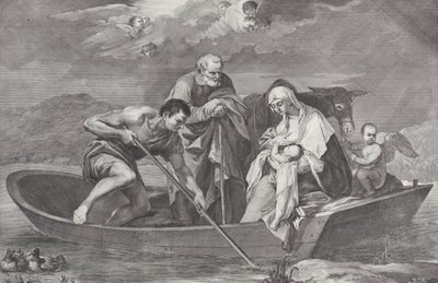 Flygningen till Egypten, med den heliga familjen i en båt, 1730-50. av Pietro Monaco