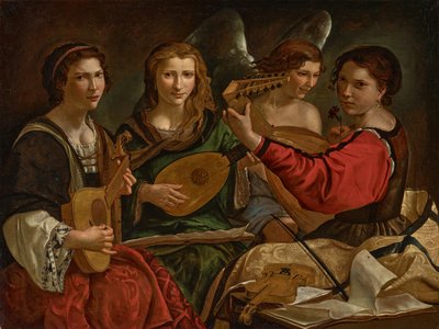 Luthspelare och en ängel (olja på duk) av Pietro Paolini
