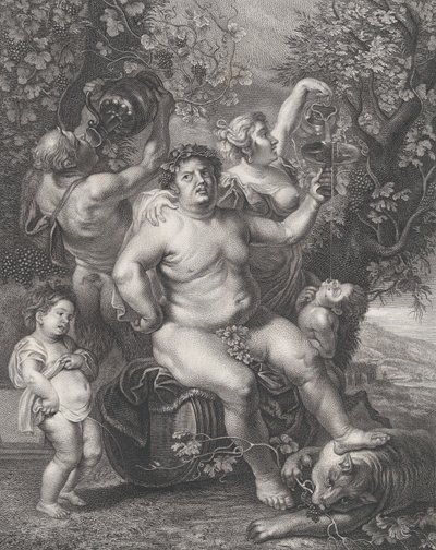 Bacchus sittande på en tunna framför vinrankor, med bacchanter, satyrer och barn s..., 1758. av Pietro Peiroleri