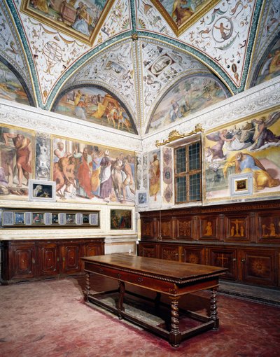 Glimt av sakristian med Perugino-paneler, Sankt Peterskyrkan, Perugia, Umbrien, Italien av Pietro Perugino