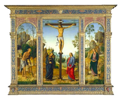 Korsfästelsen med jungfrun, Sankt Johannes, Sankt Hieronymus och Sankta Maria Magdalena, ca 1482-1485 (olja på panel överförd till duk) av Pietro Perugino