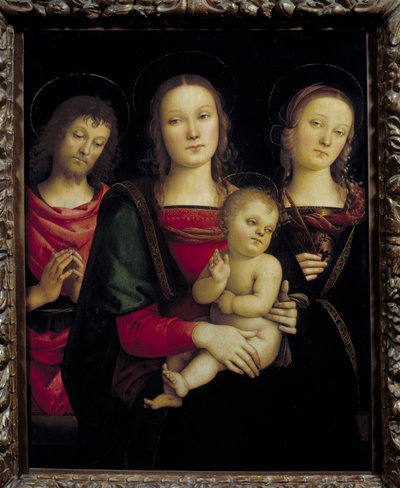 Jungfrun och barnet omgiven av Johannes Döparen och Saint Catherine Målning av Pietro Vannucci dit il Perugino (Le Perugin av Pietro Perugino