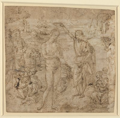 a) Kristi dop; b) Draperad figur som håller i en bok och man som svingar en yxa med en figur, ca 1475 (penna och brunt bläck) av Pietro Perugino