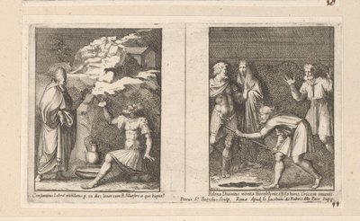 Påven Silvester botar Konstantin och Sankta Helena hittar det sanna korset Constantinus Lebra mundatus p un dies latuit cum B. Silvestro a quo baptiz (...) (titel på objektet) Kejsar Konstantins historia (serietitel) av Pietro Sante Bartoli