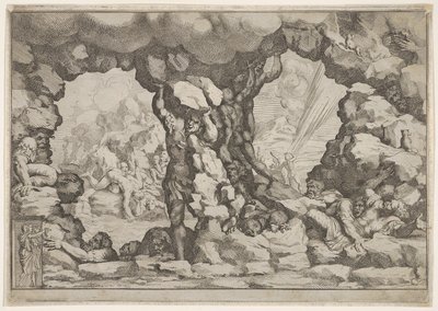 En jätte som lyfter ett stenblock i mitten, andra jättar till vänster och höger kämpar och rec..., ca. 1680. av Pietro Santi Bartoli