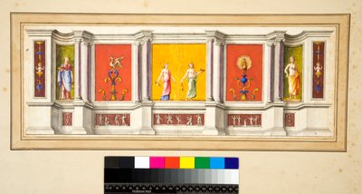 En långvägg med sju paneler med en smal fris nedanför (svart krita, några med penna och brunt bläck. färgad med akvarell) av Pietro Santi Bartoli