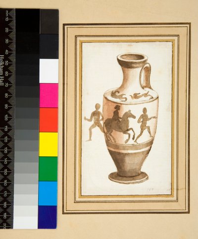 En Oinochoe (svart krita, en del med penna och brunt bläck. färgad med akvarell) av Pietro Santi Bartoli