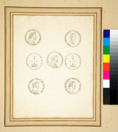 Mynt som visar Antoninus Pius kolumn (bläck) av Pietro Santi Bartoli