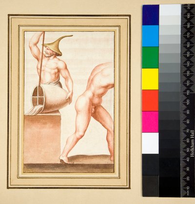 Kopia av en mosaik av en man med spetsig mössa som häller från vas. (svart krita, en del med penna och brunt bläck. färgad med akvarell) av Pietro Santi Bartoli