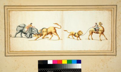 Kopia av en mosaik av en elefant som slåss mot en tjur (svart krita, en del med penna och brunt bläck. färgad med akvarell) av Pietro Santi Bartoli