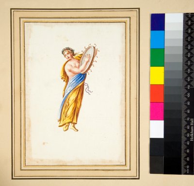 Draperad figur som slår en trumma (svart krita, en del med penna och brunt bläck. färgad med akvarell) av Pietro Santi Bartoli