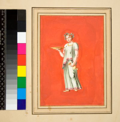 Kvinnlig figur på piedestal med patera och amfora. (svart krita, en del med penna och brunt bläck. färgad med akvarell) av Pietro Santi Bartoli