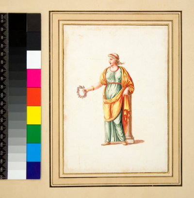 Kvinnlig figur vänt till åskådarens vänster (svart krita, en del med penna och brunt bläck. färgad med akvarell) av Pietro Santi Bartoli