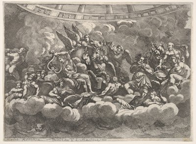 Samling av olika olympiska gudar och mytologiska figurer bland moln, Apollo at ce..., ca. 1680. av Pietro Santi Bartoli