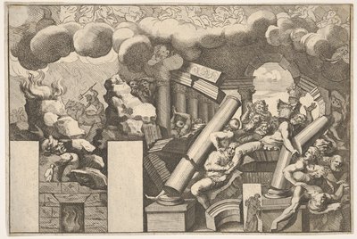 Jättar krossade av stenar och templets fallande pelare, rökmoln ovanför..., ca. 1680. av Pietro Santi Bartoli