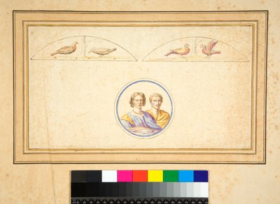 Man och hustru (byster) i central cirkel (svart krita, några med penna och brunt bläck. färgad med akvarell) av Pietro Santi Bartoli