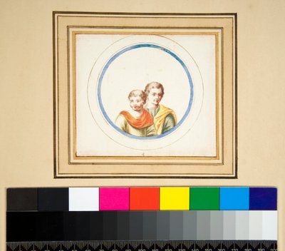 Man och hustru (byster) i central cirkel (svart krita, några med penna och brunt bläck. färgad med akvarell) av Pietro Santi Bartoli