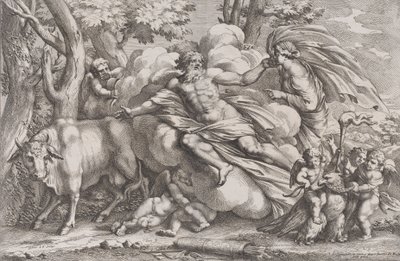 Io till vänster som en ko, Jupiter på ett moln i mitten och Juno till höger med pu..., 1650-90. av Pietro Santi Bartoli