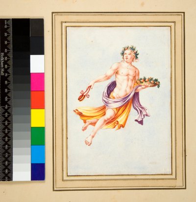 Mansfigur med krans av löv (svart krita, en del med penna och brunt bläck. färgad med akvarell) av Pietro Santi Bartoli