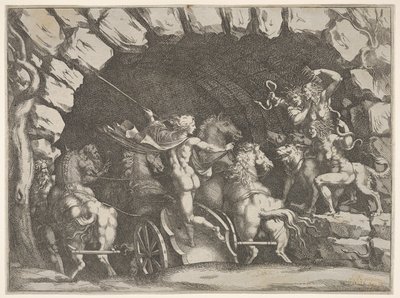 Pluto, sedd bakifrån, går in i Underjorden på sin vagn, Cerberus och tre Fu..., ca. 1680. av Pietro Santi Bartoli